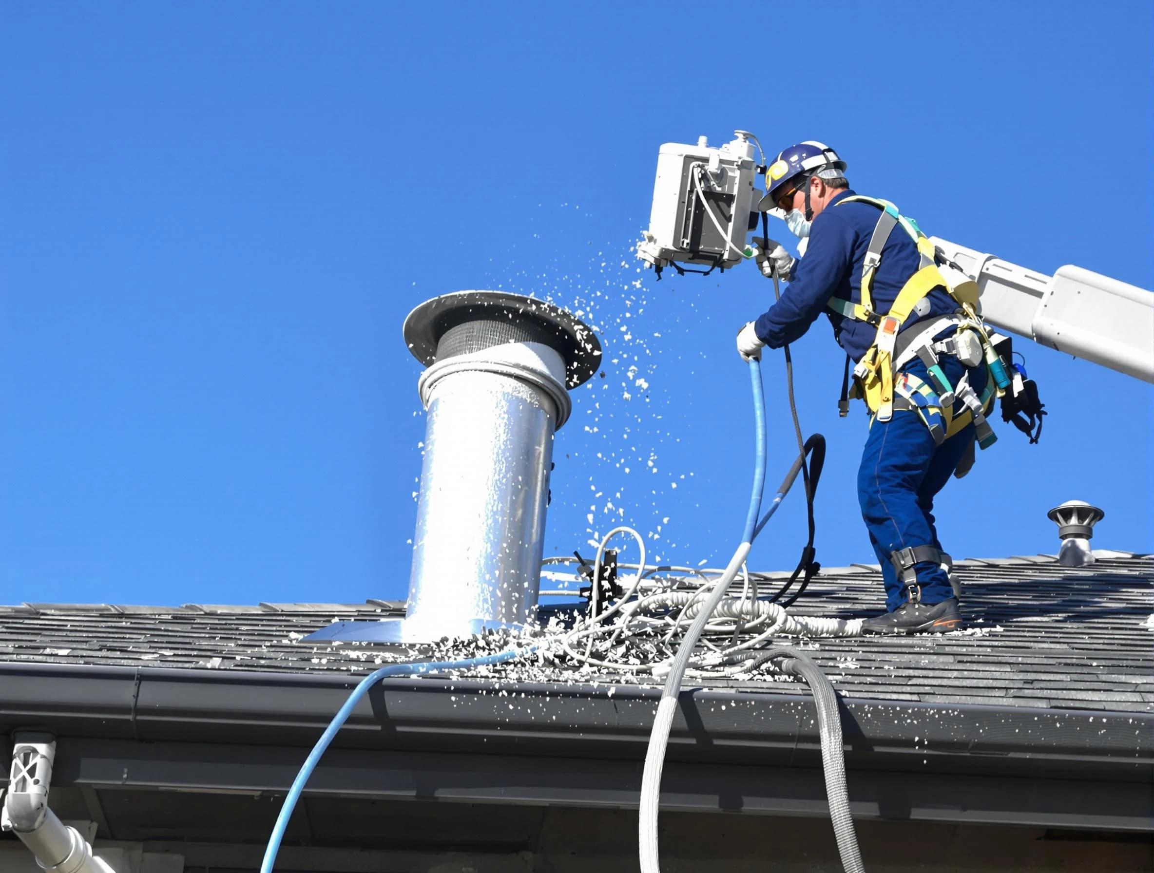 New Sewickley Dryer Vent Cleaning certified technician safely cleaning a roof-mounted dryer vent in New Sewickley