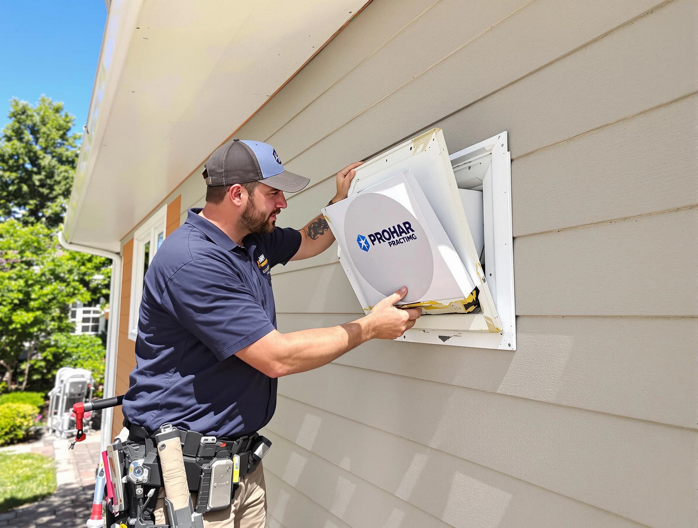 New Sewickley Dryer Vent Cleaning technician installing a new protective dryer vent cover on a home in New Sewickley