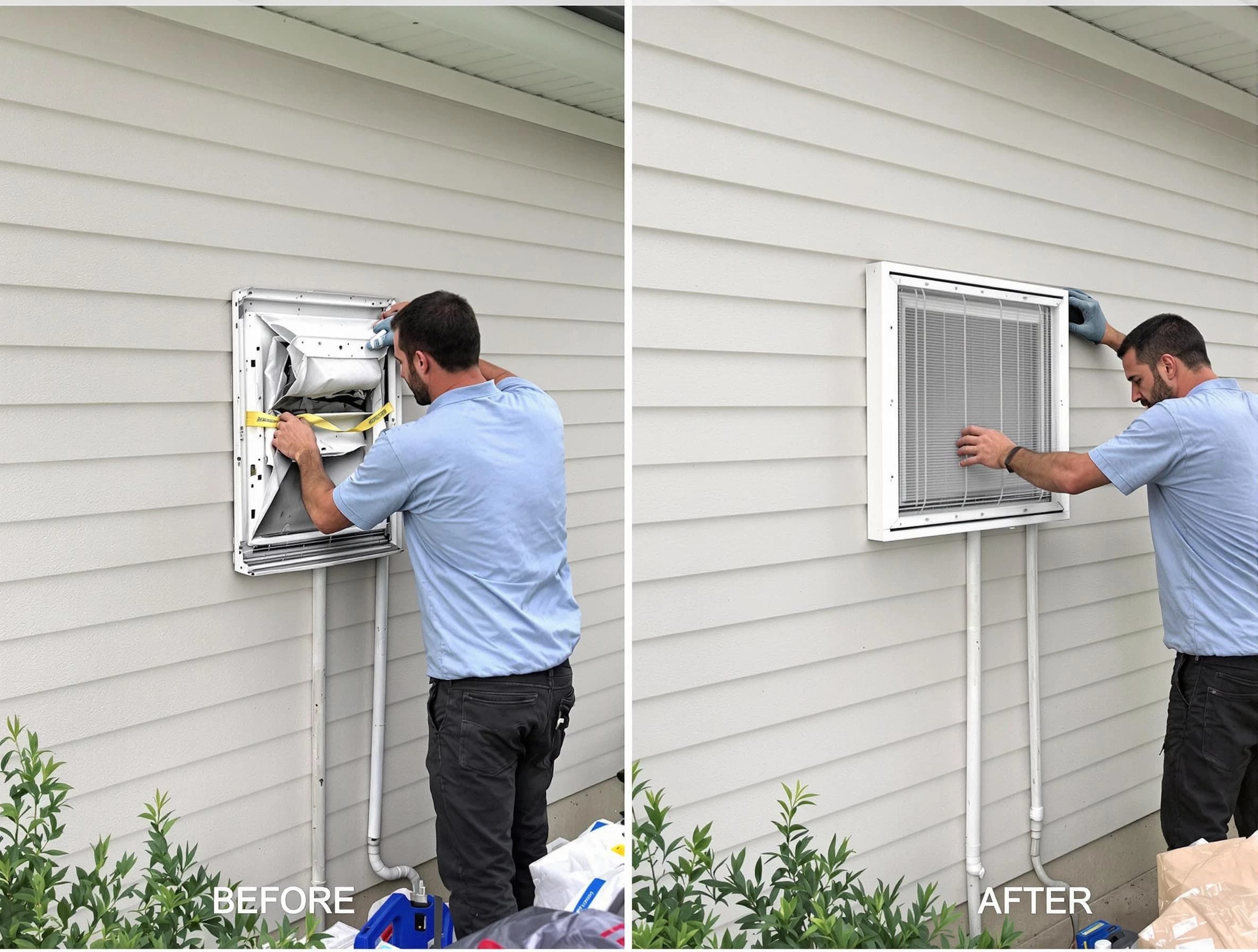 New Sewickley Dryer Vent Cleaning technician installing high-quality dryer vent cover at a residential property in New Sewickley