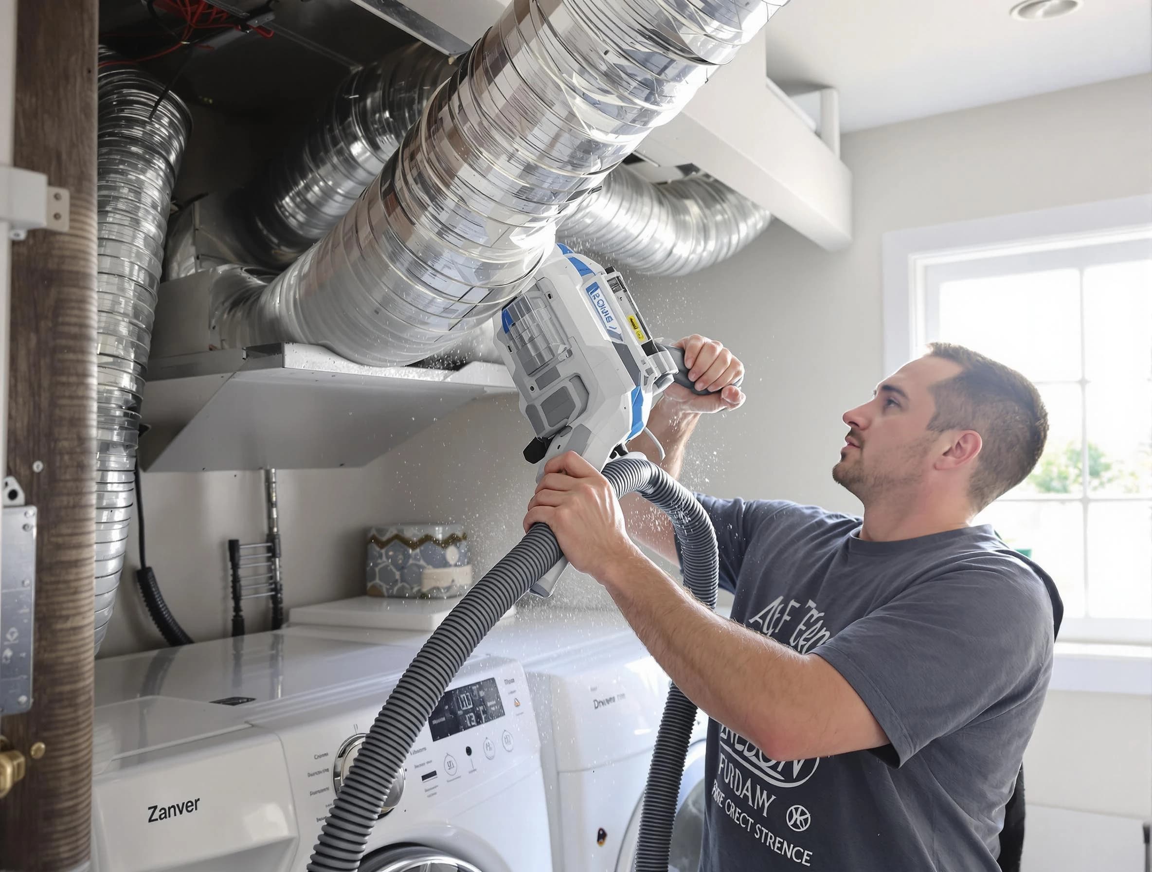 New Sewickley Dryer Vent Cleaning specialist cleaning deep within a dryer vent duct system in New Sewickley